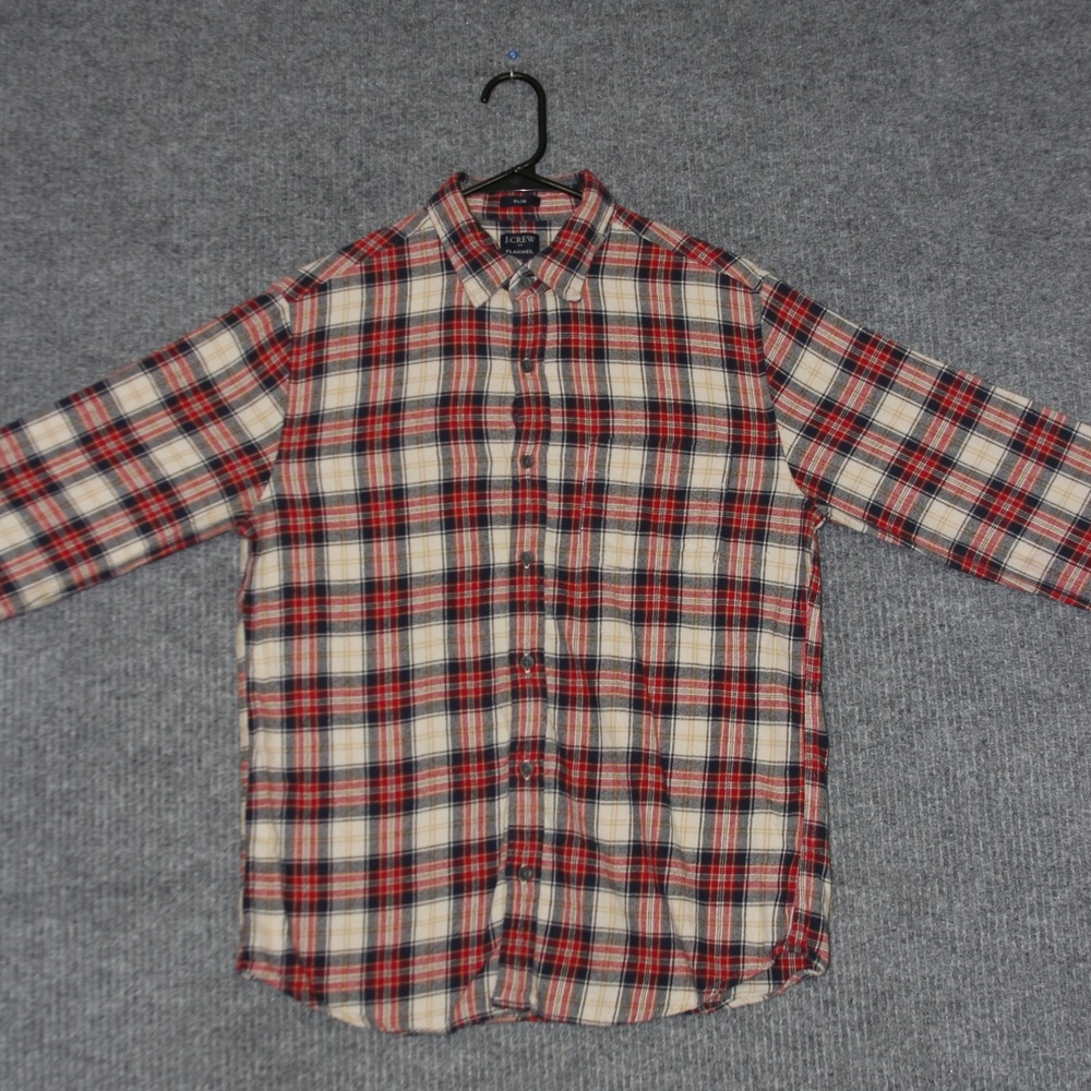 J Crew Shirt Mens M Red Blue Tan Slim Fit Plaid Flannel Cotton Long Sleeve Warm